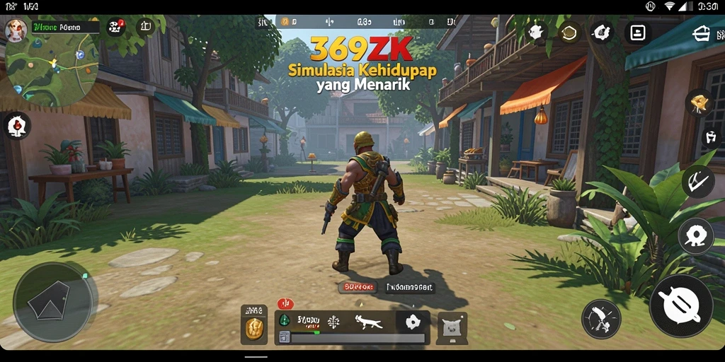 Screenshot gameplay menunjukkan karakter yang berinteraksi di lingkungan virtual.