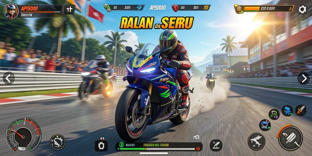 Screenshot menunjukkan aksi balapan motor yang mendebarkan.