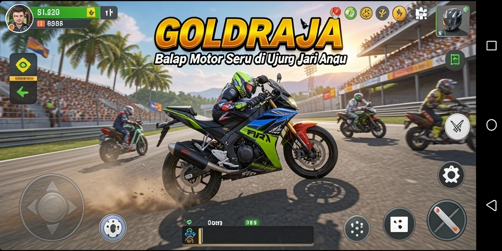 Gameplay seru dalam balap motor GOLDRAJA dengan visual menawan.