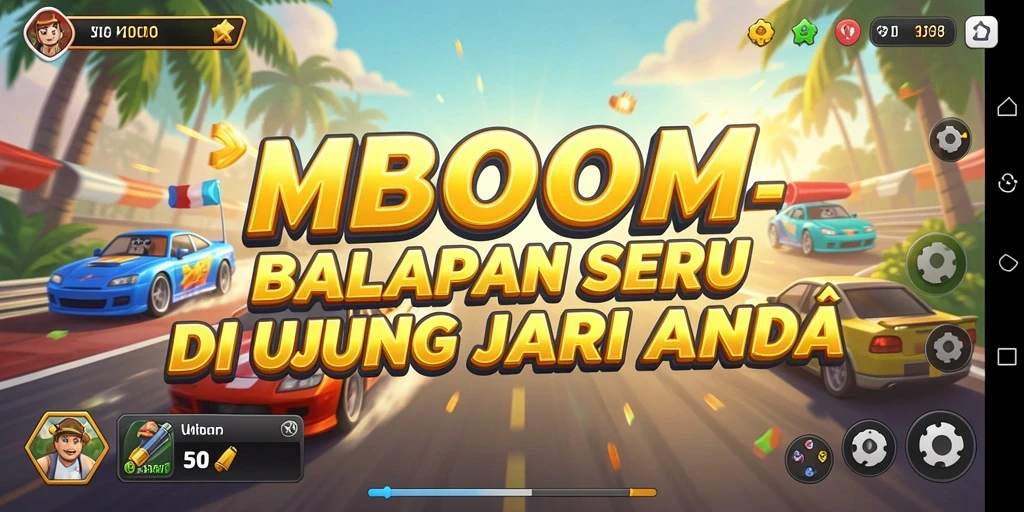Tampilan gameplay seru balapan MBOOM dengan berbagai kendaraan.