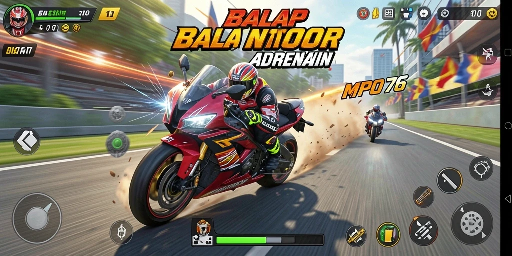 Screenshot gameplay MPO76 menampilkan balapan motor yang mendebarkan di trek menantang.