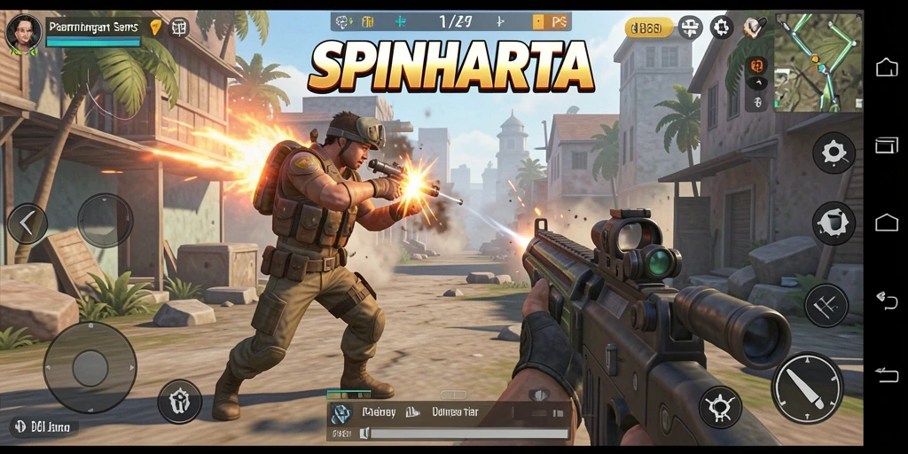 Tangkapan layar utama SPINHARTA yang menampilkan aksi gameplay TPS yang menegangkan.