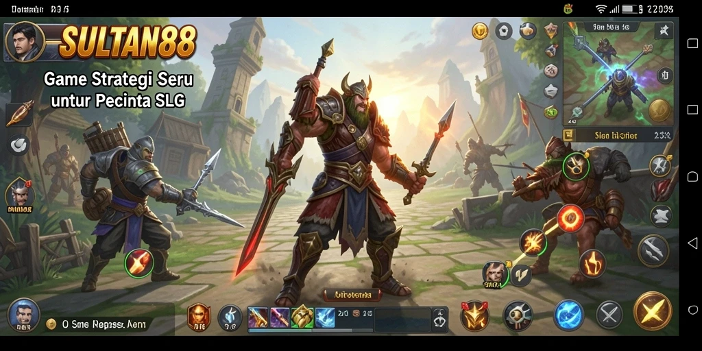 Screenshot SULTAN88 menampilkan aksi pertempuran dan pembangunan kota.
