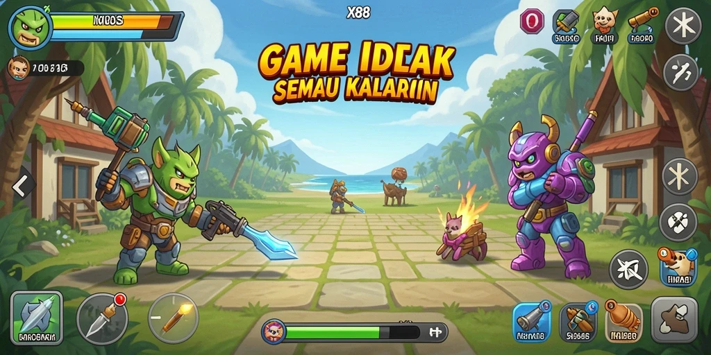 Screenshot menunjukkan gameplay santai X88 dengan karakter yang bekerja otomatis.